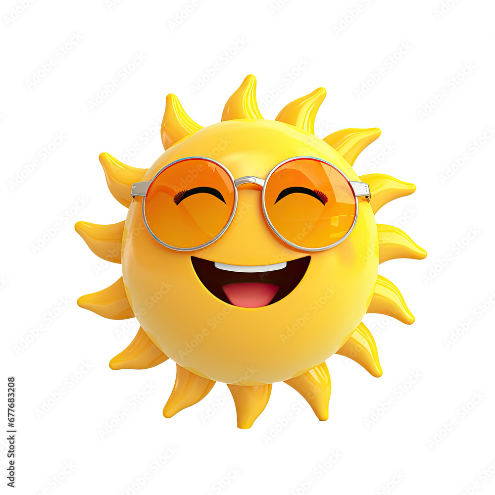 3D sun character. Happy yellow sun emoji with smiling face, 3d render with transparent background for hot summer season social media