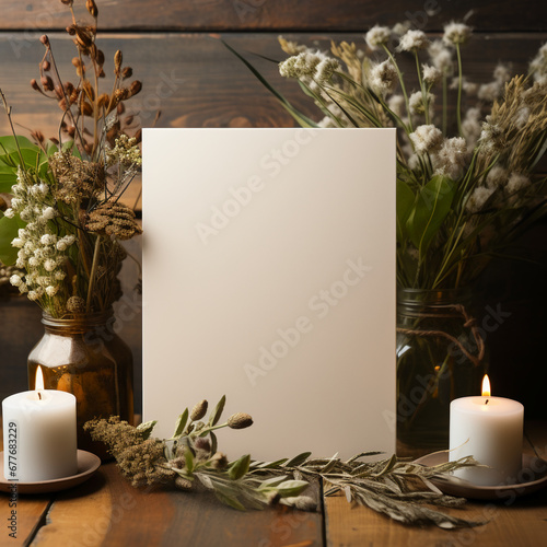 Blank invite mockup top down white wood background pen and plants. AI generative