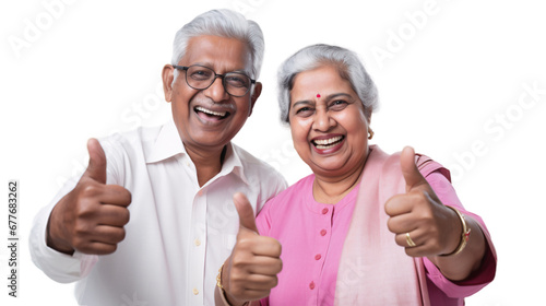 Cute indian senior couple showing thumbs up on transparent background.