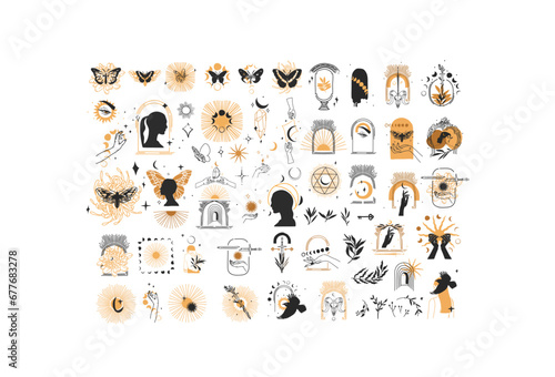 Hand drawn vector abstract graphic line illustration elements collection set,magic crescent,butterfly,flowers,animals,moon and human hands isolated. Mystical celestial esoteric magic design concept.