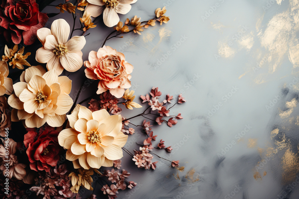 Beautiful flowers on color background, flat lay. Space for text Beautiful flowers on color background, flat lay. Space for text