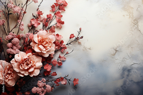 Vintage floral background with spring flowers. Watercolor style illustration. Free space for text