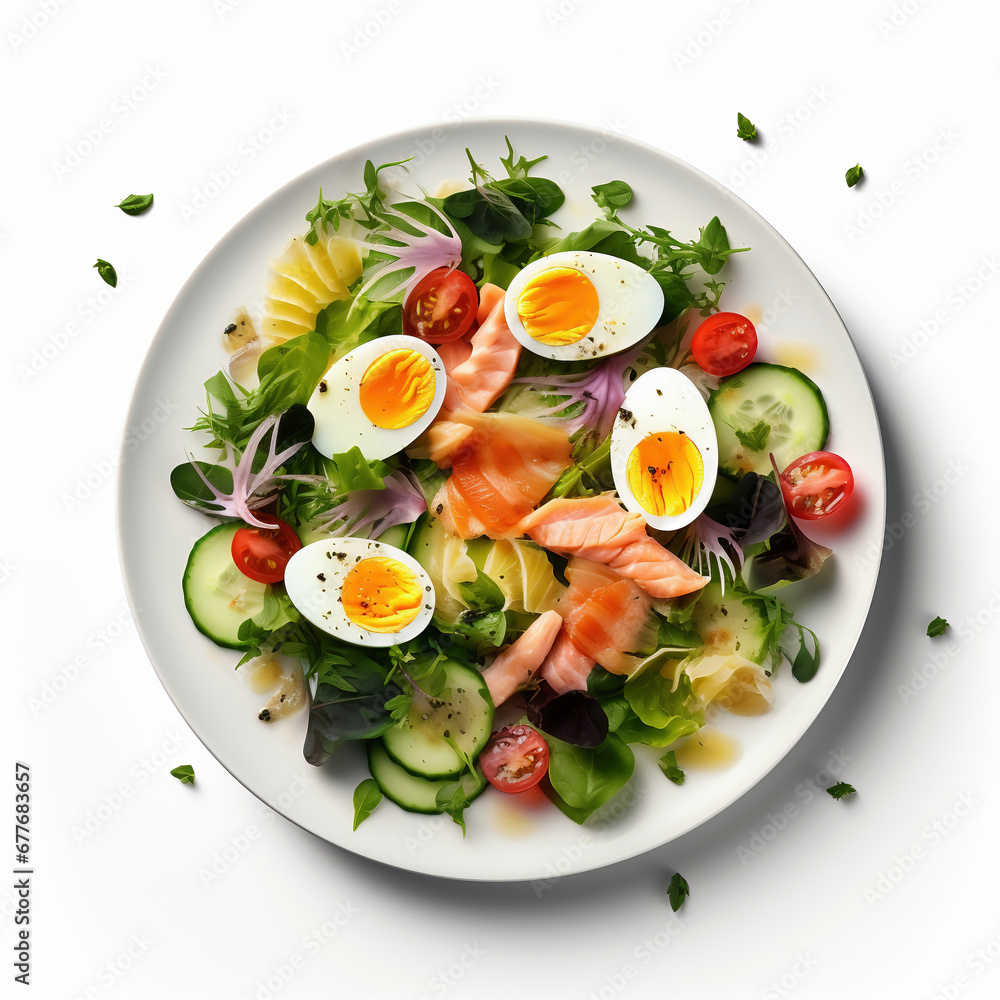 Salad with salmon, eggs, cucumber, radish and tomatoes on a plate isolated on white Salad with salmon, eggs, cucumber, radish and tomatoes on a plate isolated on white