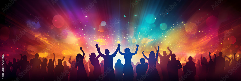 Silhouette of a party crowd on disco lights. Dancing in the club, template of party banner poster with free copy space - obrazy, fototapety, plakaty 