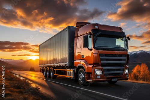 Truck on the road with sunset sky background. Concept of transportation and logistics