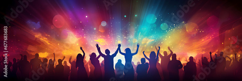 Silhouette of a party crowd on disco lights. Dancing in the club, template of party banner poster with free copy space