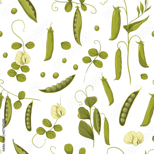 Green peas, soybean plants, seamless pattern vector color illustrations