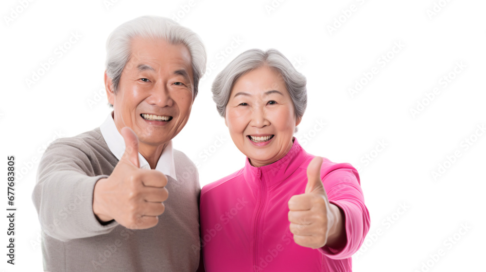 Happy asian senior couple showing thumbs up on transparent background. Happy asian senior couple showing thumbs up on transparent background.