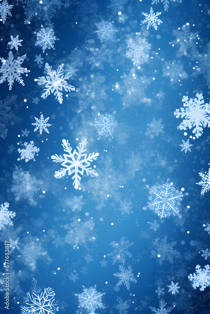 Light blue winter, stylized frame and background with snowflakes and stars, illustration that can be used during holidays or on a card, invitation or new year. Flying border with snow. Generative AI.