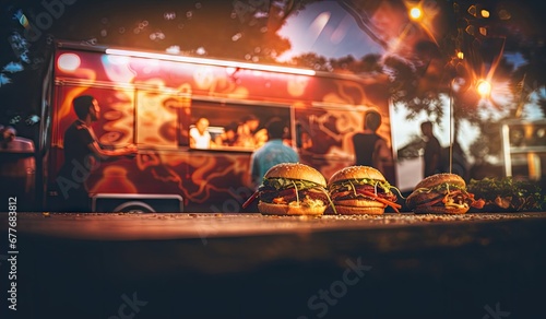 Food truck serving food, open store in a festive atmoshpere, created with AI photo