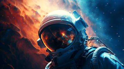 Close-up colorful illustration of an Astronaut in a spacesuit with mirrored protective glass, looking at the camera against the backdrop of space and colorful galaxies. space wallpaper.