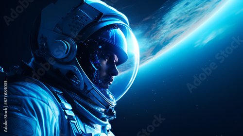 Close-up portrait of a male astronaut in a helmet in outer space, looking at a copy of space against the backdrop of the planet Earth. Space travel and exploration concept.