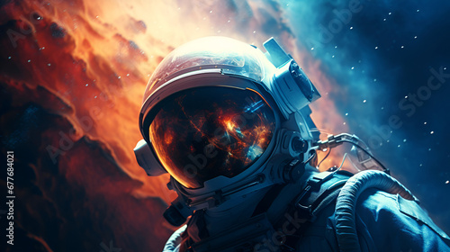 Close-up colorful illustration of an Astronaut in a spacesuit with mirrored protective glass, looking at the camera against the backdrop of space and colorful galaxies. space wallpaper.