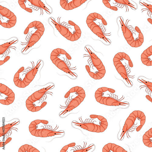 Vector seamless pattern with pink shrimp.Marine inhabitants. Vector illustration