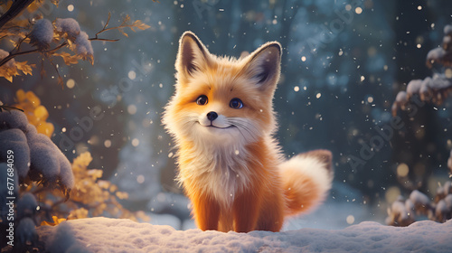 Red cute fox cub on the background of a snowy fairy tale winter forest with bokeh light and copy space. Cartoon illustration 3d. Christmas greeting card. photo