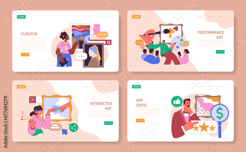 Museum or art gallery exhibition web or landing set. Visitors exploring diverse artworks. Curator guiding a excursion. Contemporary and classic art installation. Flat vector illustration