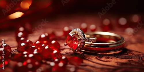 Love in Details - Capture the intricacy of love with a close-up of wedding rings and a red heart handmade with love,