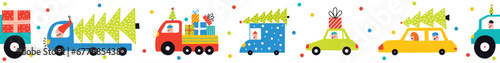 Cars are carrying Christmas trees. Christmas seamless border. Children's cute illustration.