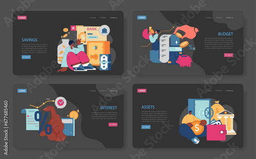 Financial Guidance web or landing set. Young individuals navigate savings, budgeting, credit, and asset management. Understanding interest rates, credit scores. Flat vector illustration