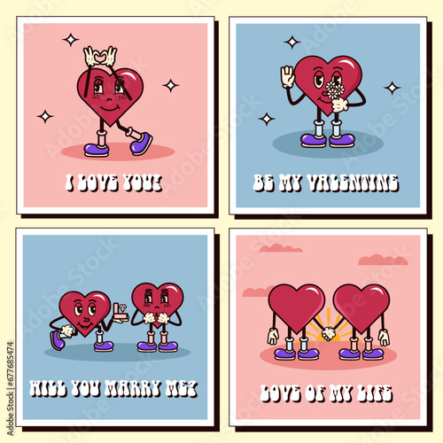 Heart character retro groovy postcard. Y2K postcard a couple of hearts in a groove style. I love you. Be my valentine. Will you marry me. Love of my life