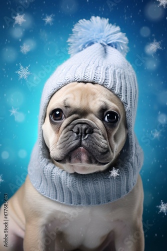 Bulldog in a hat and scarf, dog in winter clothes