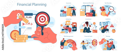 Financial planning set. Strategic financial planning and effective money management. Achieving financial goals and ensuring economic stability. Flat vector illustration
