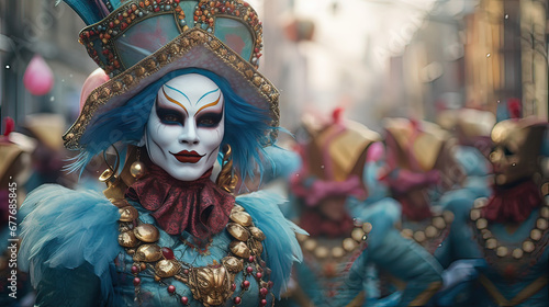 Horizontal medium close up medium adult woman in costume at a carnival parade. Tradition concept. © Ametz