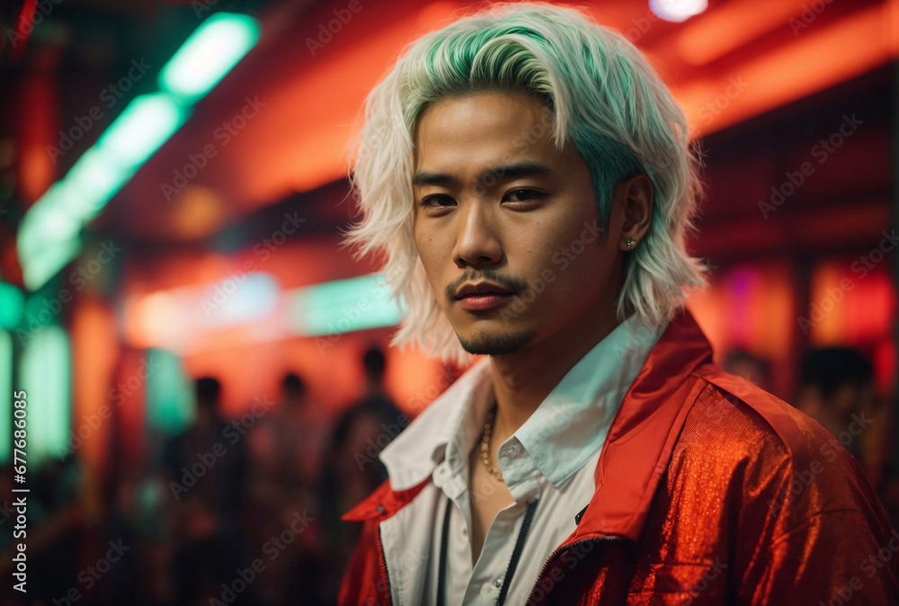 Ritratto di un giovane ragazzo asiatico, giapponese, cinese, coreano con capelli bianchi  su uno sfondo futuristico verde e arancione di notte	