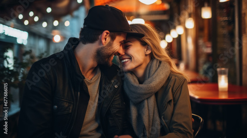 Beautiful young couple in love is hugging and smiling while spending time together in the city.