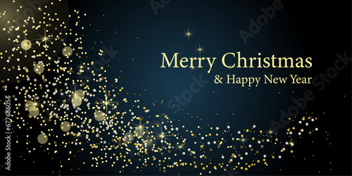 New Year and Christmas background with glow gold shiny icons. Christmas background for greeting card. Christmas greeting card. Dark background. Vector illustration