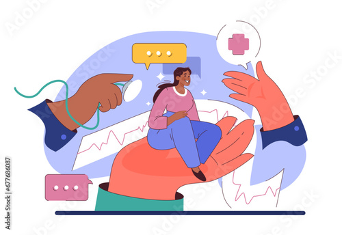 Humanizing healthcare. Modern physician approach on medical treatment and patient assistance. Doctor ethical commitment and alliance. Flat vector illustration