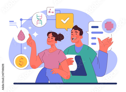Humanizing healthcare. Modern physician approach on medical treatment, patient assistance, participation and engagement. Doctor ethical commitment and alliance. Flat vector illustration