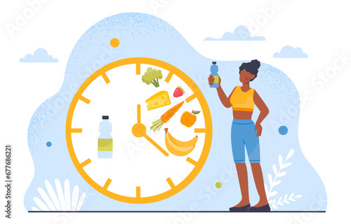 Intermittent fasting concept. Diet and nutrition, healthy lifestyle. Woman with clocks with eating and food. Weight loss and sports. Cartoon flat vector illustration isolated on white background