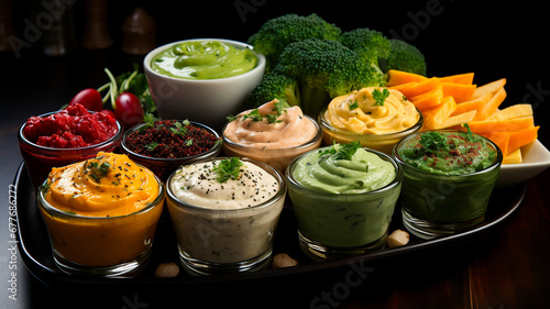 variety of fresh vegetable sauces on table