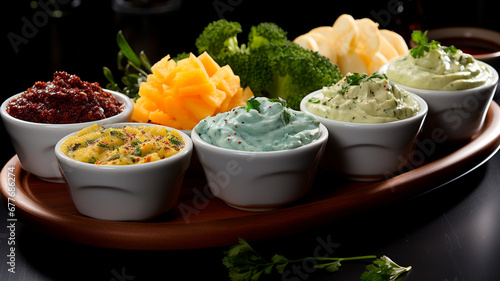 variety of fresh vegetable sauces on table