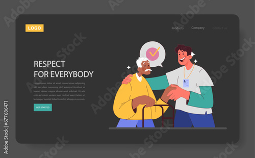 Humanizing healthcare web banner or landing page dark or night mode. Modern physician approach on medical treatment. Doctor' respect, ethical commitment and alliance. Flat vector illustration
