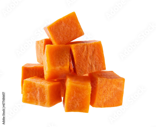 pile diced carrots isolated on white background. sliced carrots.