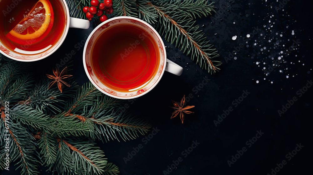 Hot tea in mugs, top view , Christmas decor Hot tea in mugs, top view , Christmas decor