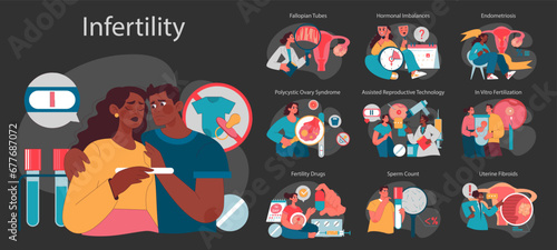 Reproductive health dark or night mode set. Couple facing conception challenges. Infertility common causes and treatment with in assisted reproductive technology or vitro fertilization. Flat vector