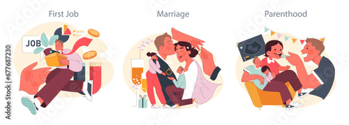 Life Milestones set. Young man celebrates first job, couple seals their love in marriage, parents joyfully nurture their child. Career start, romantic commitment, early parenthood. Flat vector.