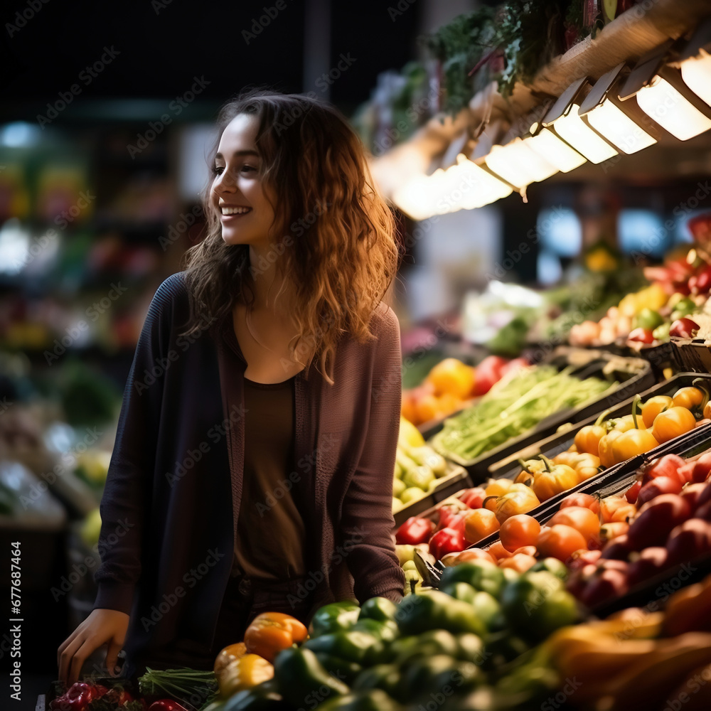 Young pretty woman shopping at the market. Portrait of a beautiful young woman on the background of fresh vegetables.