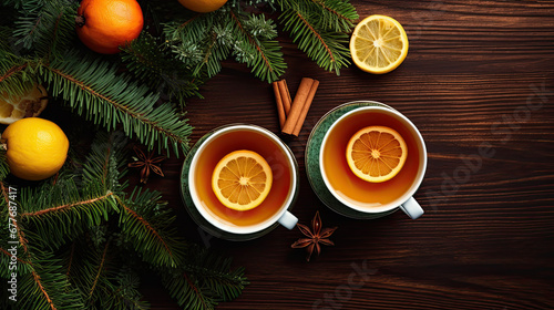 Hot tea in mugs, top view , Christmas decor © reddish