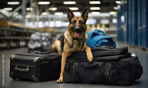 un chien policier anti drogues allongé sur des sacs de voyage dans un aéroport photo