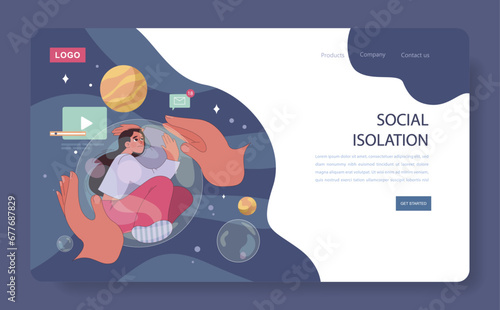 Loneliness web banner or landing page. Unhappy person, astronaut left alone in space. Character suffering from solitude. Modern communication problem and self-isolation. Flat vector illustration