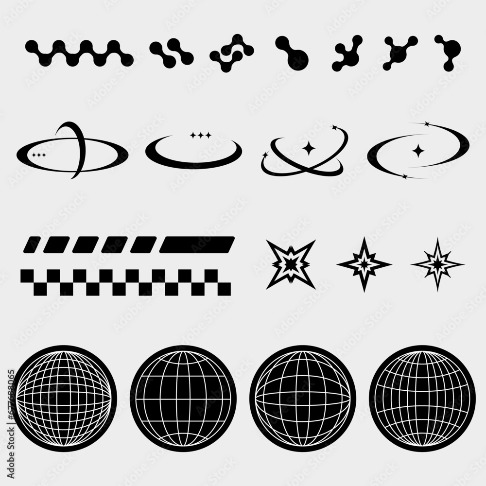 Streetwear and Y2K elements design, graphic design y2k pack set of globes abstract shapes for fashion design - obrazy, fototapety, plakaty 