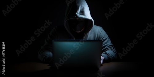 Hacker Cybersecurity Expert Unleashing Digital Intrigue on Laptop photo