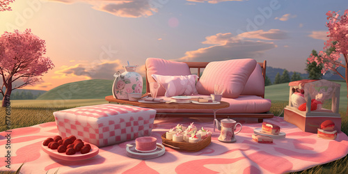 Romantic Picnic - Design a scene featuring a romantic picnic setting, complete with delicious treats