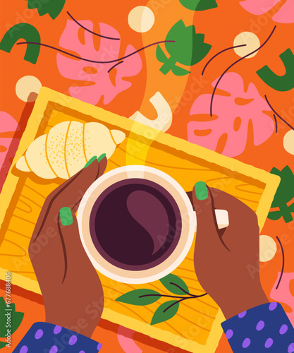 Morning routine poster. Hand with mug or cup with hot drink. Traditional breakfast with coffee or tea. Trendy flyer or booklet. Abstract creativity and art. Cartoon flat vector illustration
