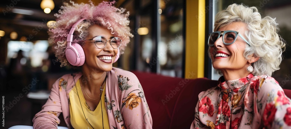 Hyper happy elderly women with glasses sitting on terrace