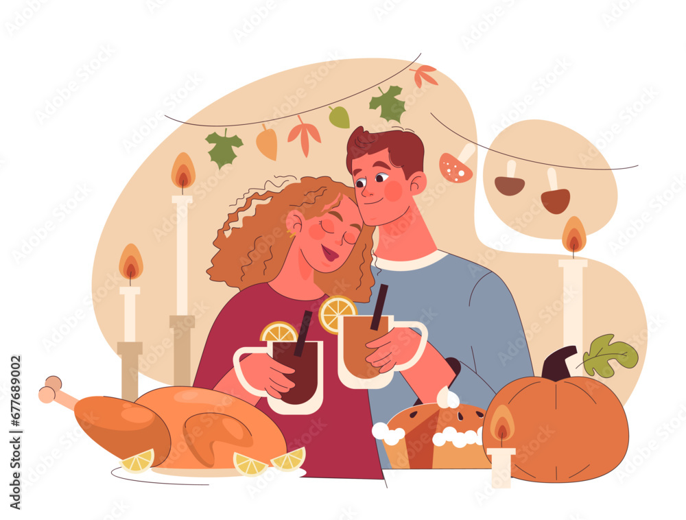 Obraz premium Joyful family celebrating Thanksgiving. American holiday dining and gathering. Happy couple spending time together. Flat vector illustration